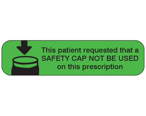 A-761 Green 3/8" x 1-1/2" Pharmacy Auxiliary Labels for Prescription Containers - English Version - With Imprint: THIS PATIENT REQUESTED THAT A / SAFETY CAP NOT BE USED / ON THIS PRESCRIPTION.