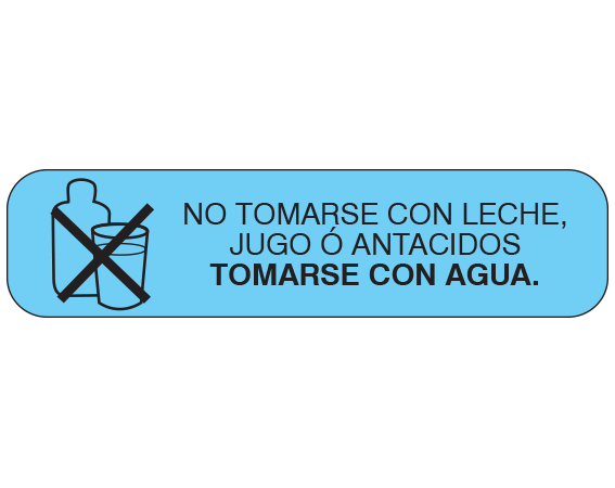 A-77-ES1 Blue 3/8" x 1-1/2" Pharmacy Auxiliary Labels for Prescription Containers - Spanish Version - With Imprint: (Spanish) DO NOT TAKE WITH MILK / JUICE OR ANTACIDS / TAKE WITH WATER