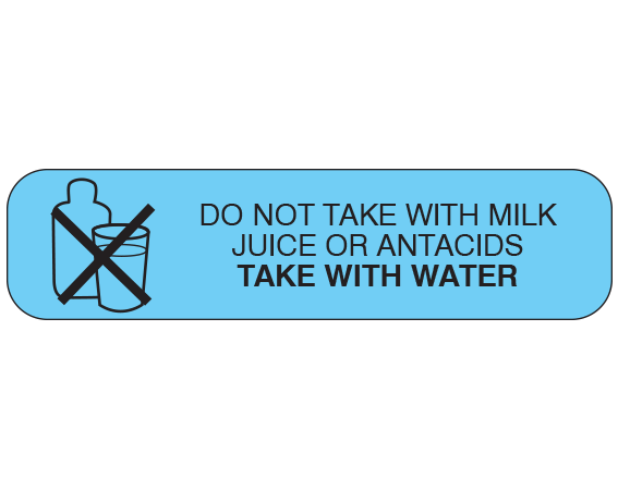 A-771 Blue 3/8" x 1-1/2" Pharmacy Auxiliary Labels for Prescription Containers - English Version - With Imprint: DO NOT TAKE WITH MILK / JUICE OR ANTACIDS / TAKE WITH WATER
