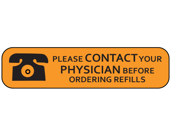 A-791 Orange 3/8" x 1-1/2" Pharmacy Auxiliary Labels for Prescription Containers - English Version - With Imprint: PLEASE CONTACT YOUR / PHYSICIAN BEFORE / ORDERING REFILLS