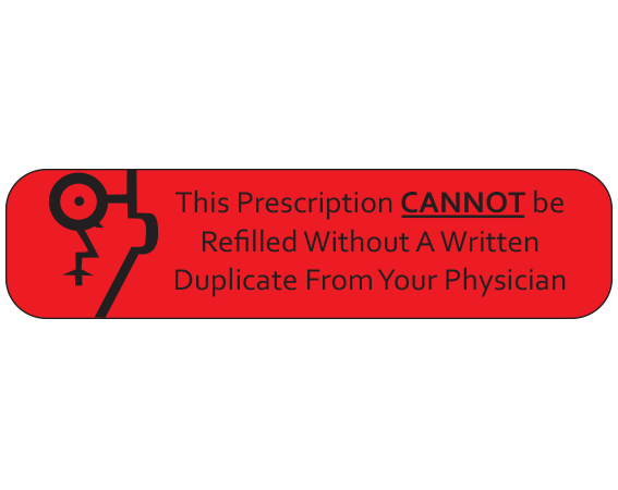 A-801 Red 3/8" x 1-1/2" Pharmacy Auxiliary Labels for Prescription Containers - English Version - With Imprint: THIS PRESCRIPTION CANNOT BE / REFILLED WITHOUT A WRITTEN / DUPLICATE FROM YOUR PHYSICIAN