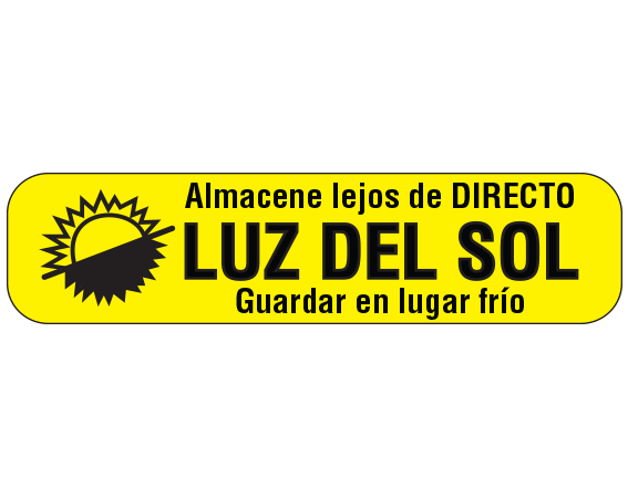 A-81-ES Yellow 3/8" x 1-1/2" Pharmacy Auxiliary Labels for Prescription Containers - Spanish Version - With Imprint: (Spanish) STORE AWAY FROM DIRECT / SUNLIGHT / KEEP IN A COOL PLACE