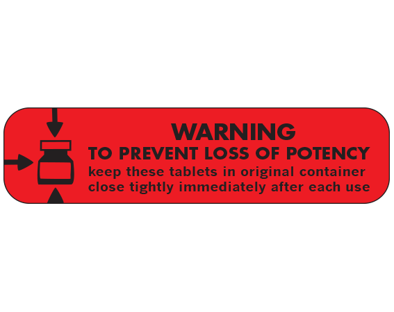 A-821 Red 3/8" x 1-1/2" Pharmacy Auxiliary Labels for Prescription Containers - English Version - With Imprint: WARNING / TO PREVENT LOSS OF POTENCY / KEEP THESE TABLETS IN ORIGINAL CONTAINER / CLOSE TIGHTLY IMMEDIATELY AFTER EACH USE