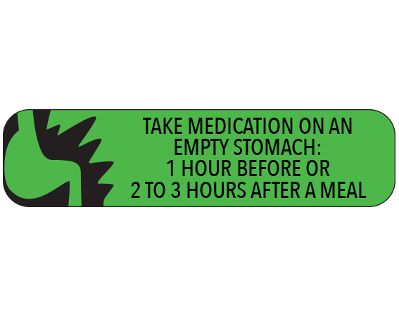 A-831 Green 3/8" x 1-1/2" Pharmacy Auxiliary Labels for Prescription Containers - English Version - With Imprint: TAKE MEDICATION ON AN / EMPTY STOMACH: / 1 HOUR BEFORE OR / 2 TO 3 HOURS AFTER A MEAL