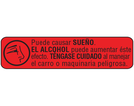 A-85-ES1 Red 3/8" x 1-1/2" Pharmacy Auxiliary Labels for Prescription Containers - Spanish Version - With Imprint: (Spanish) MAY CAUSE DROWSINESS / ALCOHOL MAY INTENSIFY THIS EFFECT. / USE CARE WHEN OPERATING A CAR / OR DANGEROUS MACHINERY