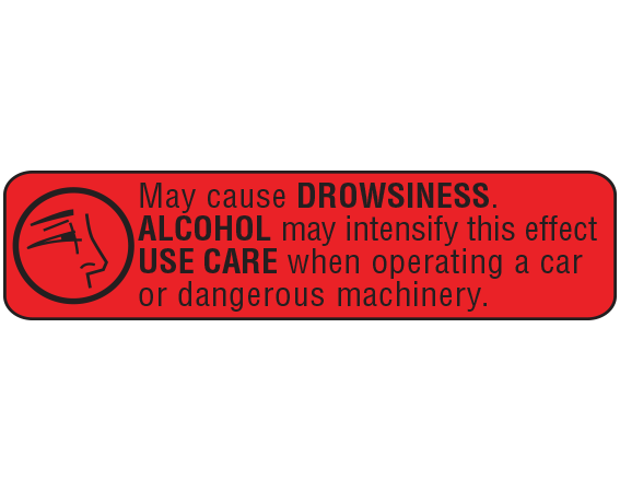 A-851 Red 3/8" x 1-1/2" Pharmacy Auxiliary Labels for Prescription Containers - English Version - With Imprint: MAY CAUSE DROWSINESS / ALCOHOL MAY INTENSIFY THIS EFFECT. / USE CARE WHEN OPERATING A CAR / OR DANGEROUS MACHINERY