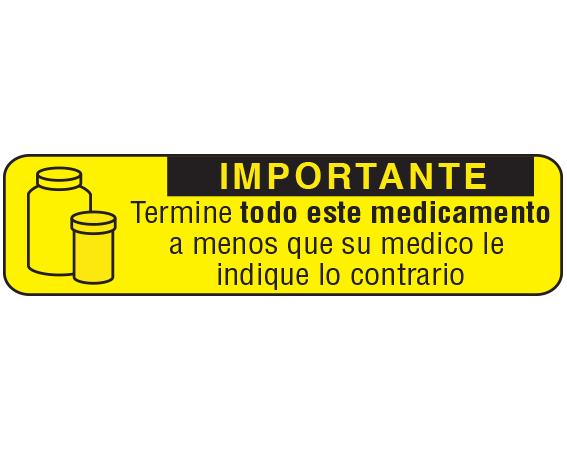 A-86-ES1 Yellow 3/8" x 1-1/2" Pharmacy Auxiliary Labels for Prescription Containers - Spanish Version - With Imprint: (Spanish) IMPORTANT / FINISH ALL THIS MEDICATION / UNLESS OTHERWISE DIRECTED / PRESCRIBER