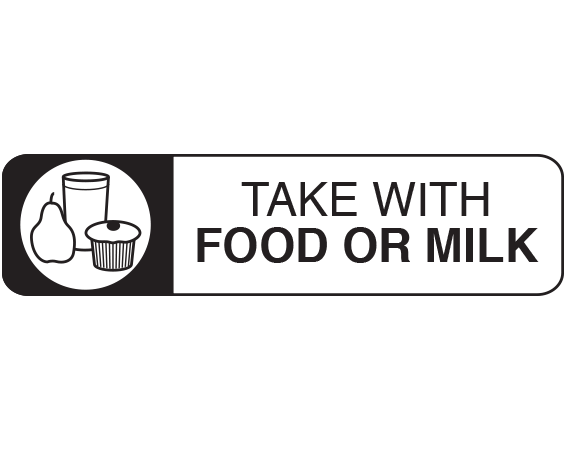 A-871 White 3/8" x 1-1/2" Pharmacy Auxiliary Labels for Prescription Containers - English Version - With Imprint: TAKE WITH / FOOD OR MILK