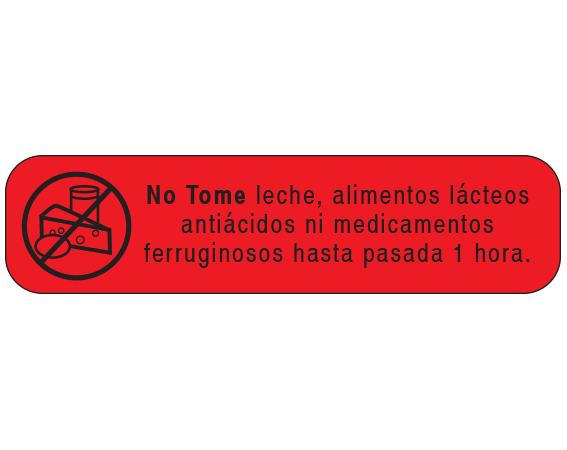 A-88-ES Red 3/8" x 1-1/2" Pharmacy Auxiliary Labels for Prescription Containers - Spanish Version - With Imprint: (Spanish) DO NOT TAKE DAIRY PRODUCTS / ANTACID OR IRON PREPARATIONS / WITHIN ONE HOUR OF THIS MEDICATION