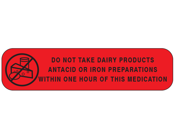 A-88 Red 3/8" x 1-1/2" Pharmacy Auxiliary Labels for Prescription Containers - English Version - With Imprint: DO NOT TAKE DAIRY PRODUCTS / ANTACID OR IRON PREPARATIONS / WITHIN ONE HOUR OF THIS MEDICATION