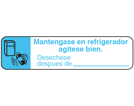 A-89-ES1 White 3/8" x 1-1/2" Pharmacy Auxiliary Labels for Prescription Containers - Spanish Version - With Imprint: (Spanish) REFRIGERATE - SHAKE WELL / DISCARD / AFTER _______