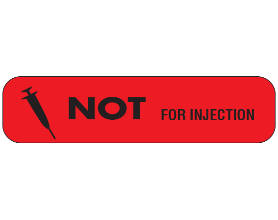 A-90 Red 3/8" x 1-1/2" Pharmacy Auxiliary Labels for Prescription Containers - English Version - With Imprint: NOT FOR INJECTION