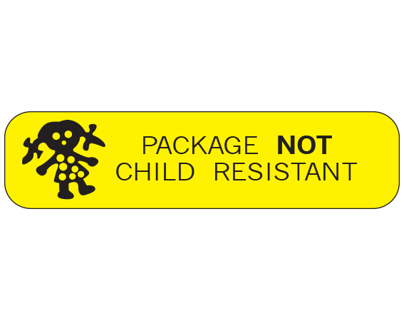 A-921 Yellow 3/8" x 1-1/2" Pharmacy Auxiliary Labels for Prescription Containers - English Version - With Imprint: PACKAGE NOT / CHILD RESISTANT