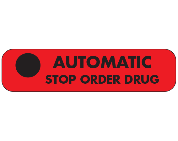 A-93 Red 3/8" x 1-1/2" Pharmacy Auxiliary Labels for Prescription Containers - English Version - With Imprint: AUTOMATIC / STOP ORDER DRUG