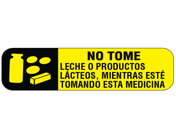 A-95-ES Yellow 3/8" x 1-1/2" Pharmacy Auxiliary Labels for Prescription Containers - Spanish Version - With Imprint: (Spanish) DO NOT / DRINK MILK OR EAT / DAIRY PRODUCTS WHILE / TAKING THIS MEDICATION