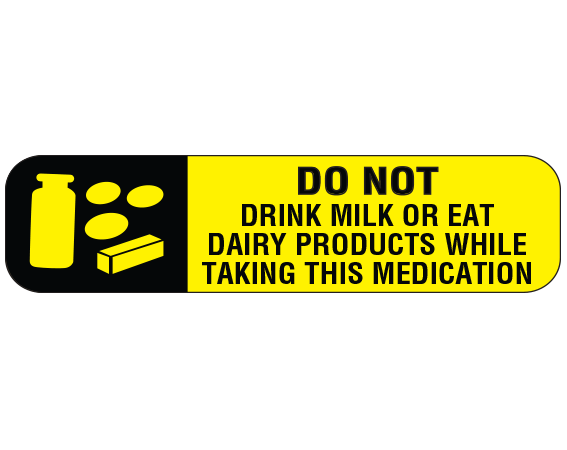 A-95D Yellow 3/8" x 1-1/2" Pharmacy Auxiliary Labels for Prescription Containers - English Version - With Imprint: DO NOT / DRINK MILK OR EAT / DAIRY PRODUCTS WHILE / TAKING THIS MEDICATION