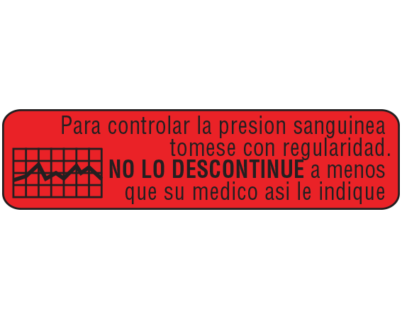 A-98-ES1 Red 3/8" x 1-1/2" Pharmacy Auxiliary Labels for Prescription Containers - Spanish Version - With Imprint: (Spanish) TO CONTROL YOUR BLOOD PRESSURE TAKE REGULARLY DO NOT DISCONTINUE UNLESS DIRECTED BY YOUR PHYSICIAN