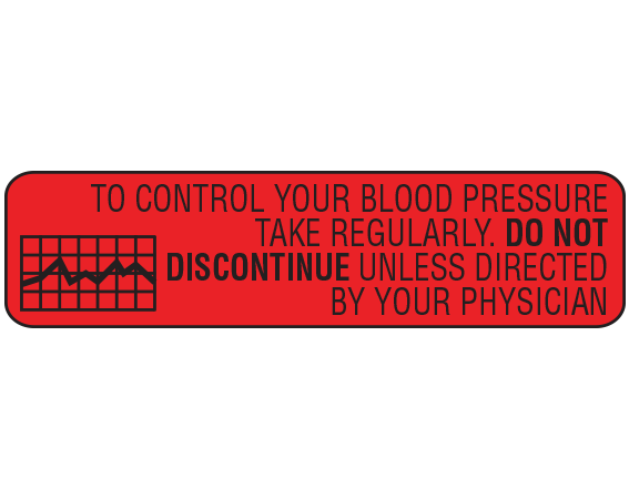 A-981 Red 3/8" x 1-1/2" Pharmacy Auxiliary Labels for Prescription Containers - English Version - With Imprint: TO CONTROL YOUR BLOOD PRESSURE TAKE REGULARLY DO NOT DISCONTINUE UNLESS DIRECTED BY YOUR PHYSICIAN