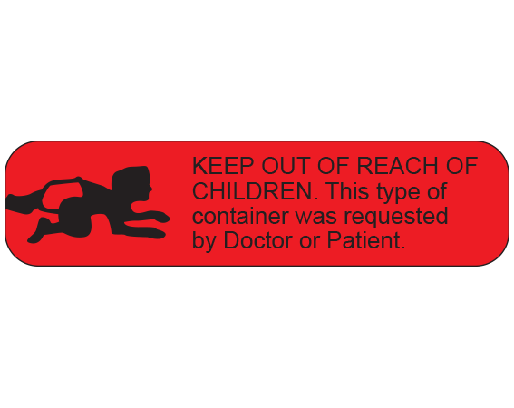 A-992 Red 3/8" x 1-1/2" Pharmacy Auxiliary Labels for Prescription Containers - English Version - With Imprint: KEEP OUT OF REACH OF / CHILDREN. THIS TYPE OF / CONTAINER WAS REQUESTED / BY DOCTOR OR PATIENT.