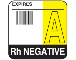 White 1-3/4" x 1-3/4" Bar Coded Group Type Blood Identification Labels - Codabar  - With Imprint: EXPIRES / A / Rh NEGATIVE