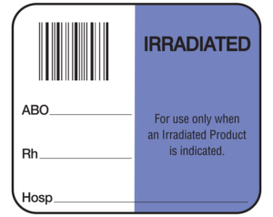 White 1-1/2" x 1-3/4" Bar Coded Information Labels for Blood Testing - Codabar  - With Imprint: IRRADIATED / ABO _____ / Rh _____ / For use only when / an Irradiated Product / is indicated. / Hosp _____