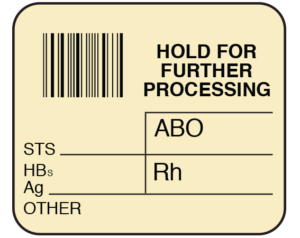 White 1-1/2" x 1-3/4" Bar Coded Information Labels for Blood Testing - Codabar  - With Imprint: HOLD FOR / FURTHER / PROCESSING / ABO / STS _____ / HBs / Ag _____ Rh _____/ OTHER