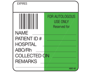 White 1-7/8" x 1-3/4" Bar Coded Information Labels for Blood Testing - Codabar  - With Imprint: EXPIRES / FOR AUTOLOGOUS / USE ONLY / Reserved for / NAME _____ / PATIENT ID # _____ / HOSPITAL _____ / ABO/Rh _____ / COLLECTED ON _____ / REMARKS _____ / __________