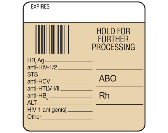 White 1-7/8" x 1-3/4" Bar Coded Information Labels for Blood Testing - Codabar  - With Imprint: EXPIRES / HOLD FOR / FUTHER / PROCESSING / ABO / Rh / HBsAg _____ / anti-HIV-1/2_____ / ...