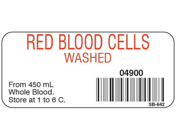 White 1" x 2-1/4" Blood Product Labels with Codabar Symbology  - With Imprint: RED BLOOD CELLS / WASHED / 04900 / From 450 mL / Whole Blood. / Store at 1 to 6 C.