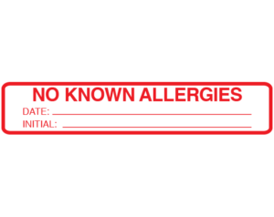 White 1-3/8" x 5-3/8" Patient Chart Allergy Indication Labels  - With Imprint: NO KNOWN ALLERGIES / DATE: _____ / INITIAL: _____