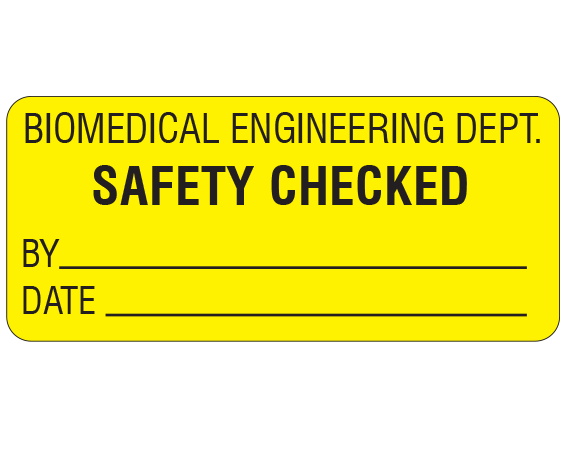 ME-12-2 Yellow 1" x 2-1/4" Biomedical Engineering Equipment Labels - With Imprint: BIOMEDICAL ENGINEERING DEPT. / SAFETY CHECKED / BY _____ / DATE _____