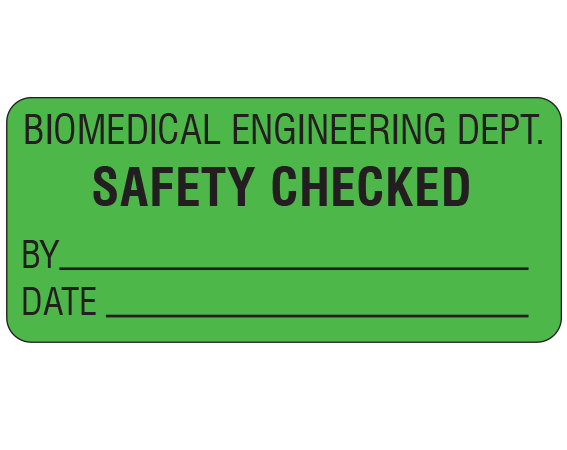 ME-12-3 Green 1" x 2-1/4" Biomedical Engineering Equipment Labels - With Imprint: BIOMEDICAL ENGINEERING DEPT. / SAFETY CHECKED / BY _____ / DATE _____