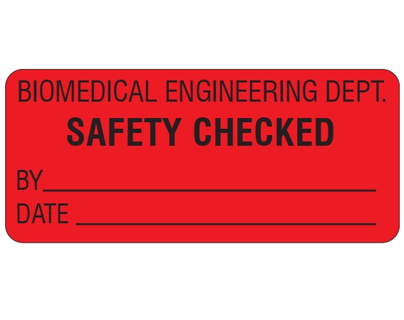 ME-12-4 Red 1" x 2-1/4" Biomedical Engineering Equipment Labels - With Imprint: BIOMEDICAL ENGINEERING DEPT. / SAFETY CHECKED / BY _____ / DATE _____