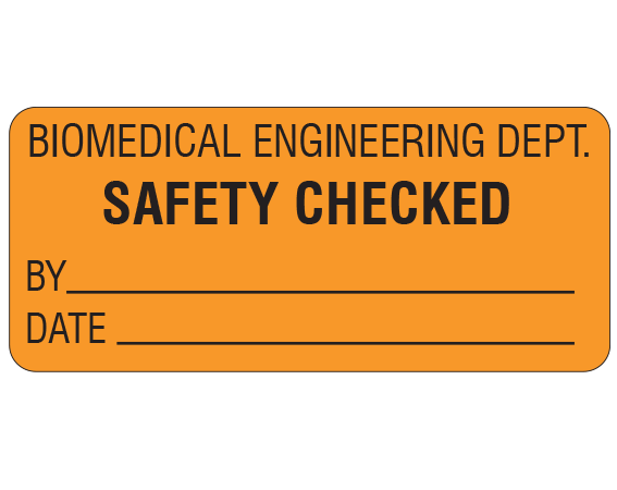 ME-12-5 Orange 1" x 2-1/4" Biomedical Engineering Equipment Labels - With Imprint: BIOMEDICAL ENGINEERING DEPT. / SAFETY CHECKED / BY _____ / DATE _____