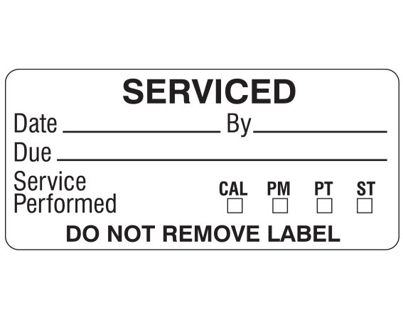 ME-13-1 White 1" x 2-1/4" Biomedical Engineering Equipment Labels - With Imprint: SERVICED / Date _____ by _____ / Due _____ / Service / Performed CAL PM PT ST / DO NOT REMOVE LABEL