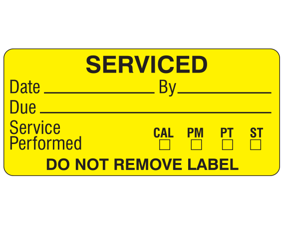 ME-13-21 Yellow 1" x 2-1/4" Biomedical Engineering Equipment Labels - With Imprint: SERVICED / Date _____ by _____ / Due _____ / Service / Performed CAL PM PT ST / DO NOT REMOVE LABEL
