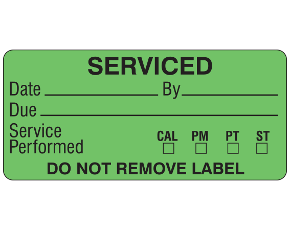 ME-13-3 Green 1" x 2-1/4" Biomedical Engineering Equipment Labels - With Imprint: SERVICED / Date _____ by _____ / Due _____ / Service / Performed CAL PM PT ST / DO NOT REMOVE LABEL