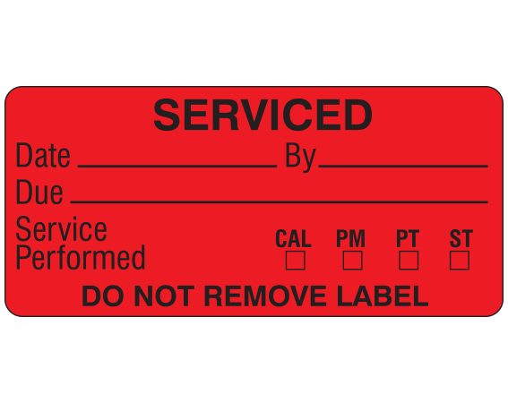 ME-13-4 Red 1" x 2-1/4" Biomedical Engineering Equipment Labels - With Imprint: SERVICED / Date _____ by _____ / Due _____ / Service / Performed CAL PM PT ST / DO NOT REMOVE LABEL