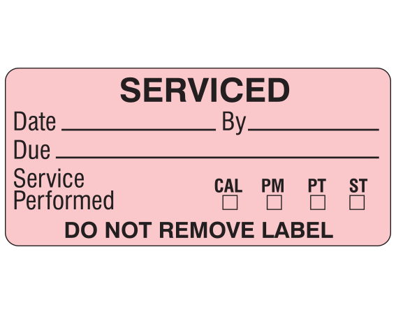 ME-13-7 Pink 1" x 2-1/4" Biomedical Engineering Equipment Labels - With Imprint: SERVICED / Date _____ by _____ / Due _____ / Service / Performed CAL PM PT ST / DO NOT REMOVE LABEL