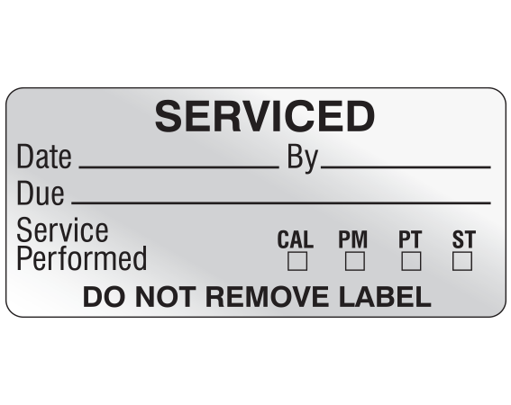 ME-13-SM1 Silver 1" x 2-1/4" Biomedical Engineering Equipment Labels - With Imprint: SERVICED / Date _____ by _____ / Due _____ / Service / Performed CAL PM PT ST / DO NOT REMOVE LABEL