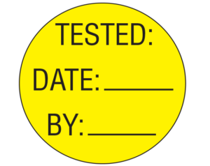 Yellow 1" DIAMETER CIRCLE Biomedical Engineering Equipment Labels  - With Imprint: TESTED: / DATE: _____ / BY: _____