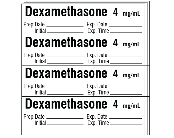 SA-3243-EXP-PK White 1/2" x 2" Anesthesia Drug Labels for Syringe Identification - Pack Form - With Imprint: Dexamethasone 4 mg/mL / Prep Date _____ Exp. Date _____ / Initial _____ Exp. Time _____