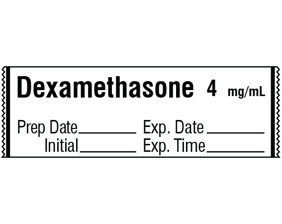 SA-3243-EXP White 1/2" x 500" Anesthesia Drug Labels for Syringe Identification - Tape Form - With Imprint: Dexamethasone 4 mg/mL / Prep Date _____ Exp. Date _____ / Initial _____ Exp. Time _____