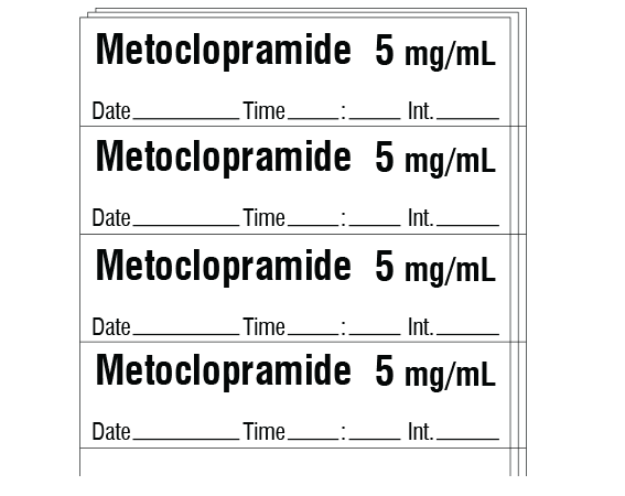 SA-3249-DTI-PK White 1/2" x 2" Anesthesia Drug Labels for Syringe Identification - Pack Form - With Imprint: Metoclopramide 5 mg/mL / Date _____ Time _____:_____ Int. _____