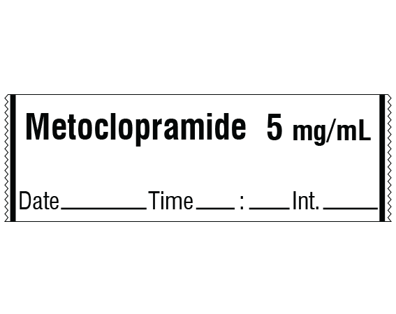 SA-3249-DTI White 1/2" x 500" Anesthesia Drug Labels for Syringe Identification - Tape Form - With Imprint: Metoclopramide 5 mg/mL / Date _____ Time _____:_____ Int. _____
