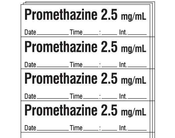 SA-3255-DTI-PK1 White 1/2" x 2" Anesthesia Drug Labels for Syringe Identification - Pack Form - With Imprint: Promethazine 2.5 mg/mL / Date _____ Time _____:_____ Int. _____