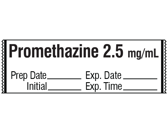 SA-3255-EXP1 White 1/2" x 500" Anesthesia Drug Labels for Syringe Identification - Tape Form - With Imprint: Promethazine 2.5 mg/mL / Prep Date _____ Exp. Date _____ / Initial _____ Exp. Time _____
