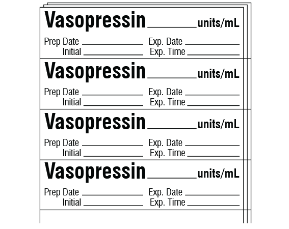 SA-3259-EXP-PK White 1/2" x 2" Anesthesia Drug Labels for Syringe Identification - Pack Form - With Imprint: Vasopressin _____ units/mL / Prep Date _____ Exp. Date _____ / Initial _____ Exp. Time _____