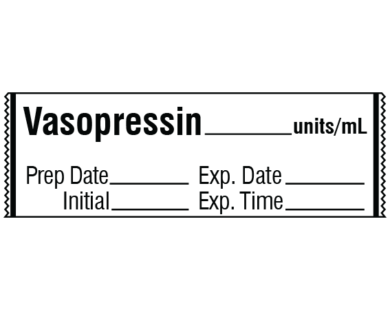 SA-3259-EXP White 1/2" x 500" Anesthesia Drug Labels for Syringe Identification - Tape Form - With Imprint: Vasopressin _____ units/mL / Prep Date _____ Exp. Date _____ / Initial _____ Exp. Time _____