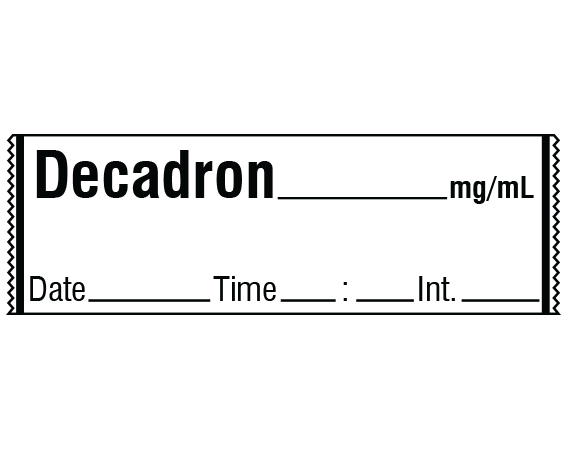 SA-326-DTI White 1/2" x 500" Anesthesia Drug Labels for Syringe Identification - Tape Form - With Imprint: DECADRON _____ mg / mL / Date _____ Time _____ Int. _____